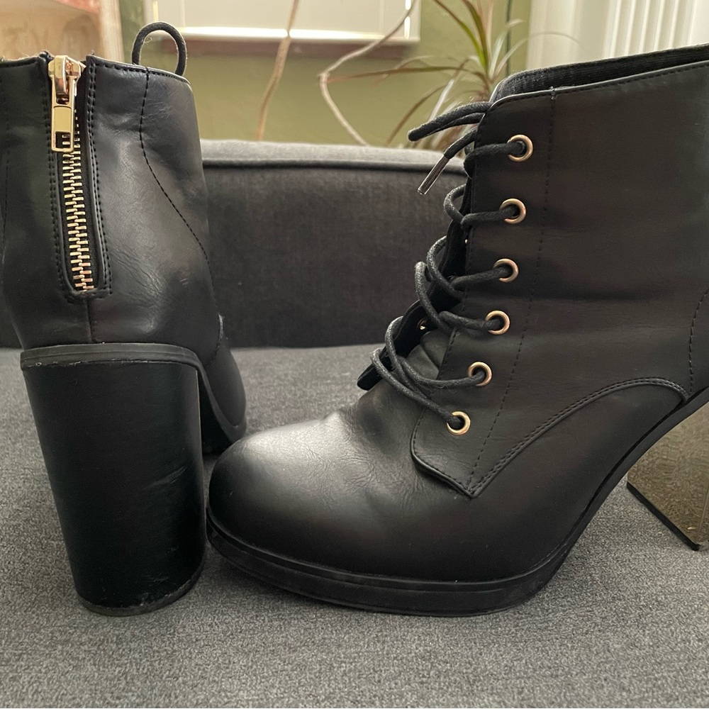 Black mirrored heel wide width boots with gold accents.